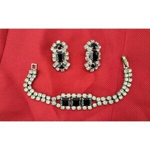 Vintage Clear Black Rhinestone Bracelet Clip-On Earrings Set Emerald Cut Costume